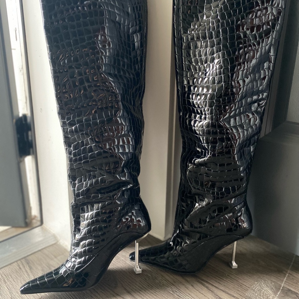 Naked Wolfe Black Over the Knee Boots with Crocodile Texture
